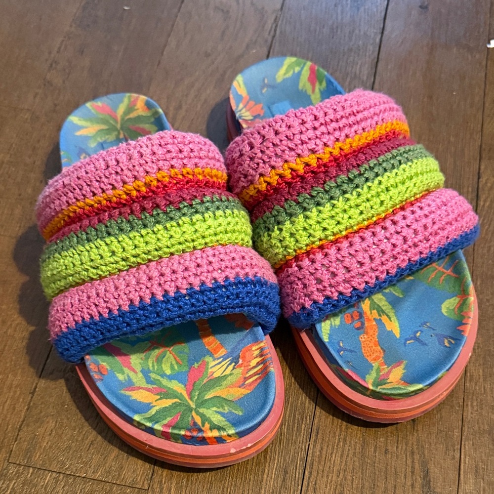 Farm Rio Crochet Strap Slide Sandals - Pink & Multicolor